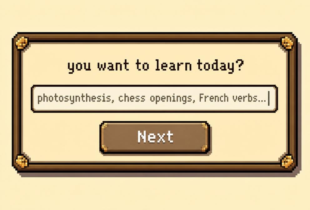 Pixel-art dialog asking what you want to learn today
